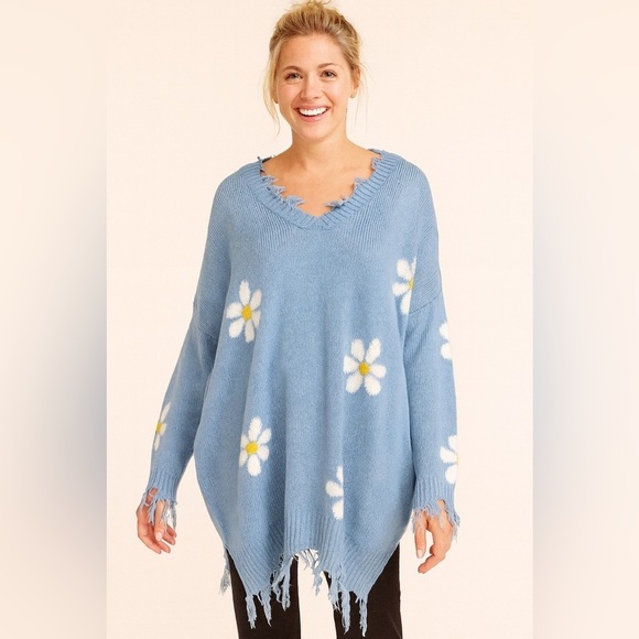 Just Polly New York Sweaters - Just Polly Sky Blue Daisy Sweater Size Medium